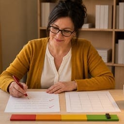 Učiteľka opravuje písomný test zo slovenčiny, vedľa leží hodnotiaci hárok so stupnicou známok a percentami