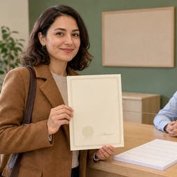 Cudzinka pri okienku úradu drží osvedčenie o jazykovej skúške A2 zo slovenčiny, na stole leží žiadosť o dlhodobý pobyt