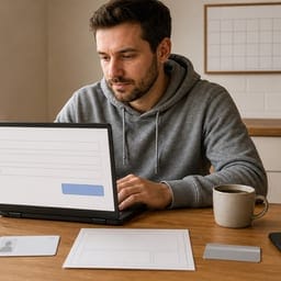 Muž pri notebooku vypĺňa online prihlášku na jazykovú skúšku zo slovenčiny, vedľa má doklad totožnosti a potvrdenie o platbe